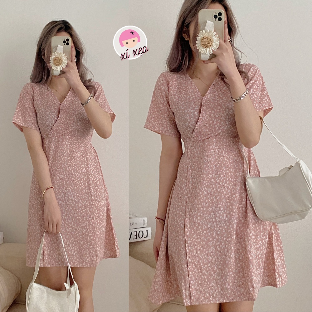Váy hoa nhí, đầm nữ dáng xoè buộc nơ đuôi cá công sở xixeoshop - V12