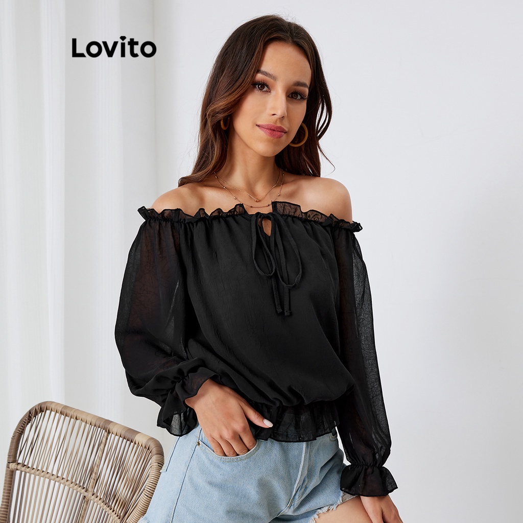 Lovito Boho áo sơ mi chiffon lệch vai L24LD191 (đen)