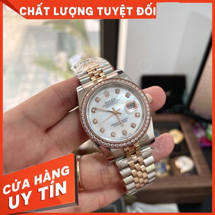 Đồng Hồ Nam RoLex DayJust Sapphire RA25 Case 36mm Trắng viền đá Máy cơ Automatic Nhật