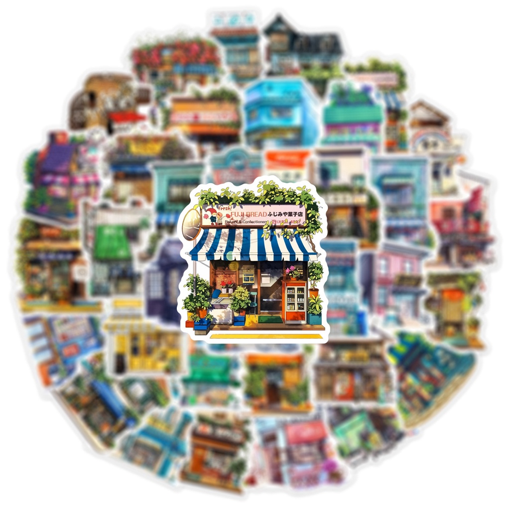 Set 50 Sticker Dán Trang Trí Điện Thoại / Laptop Hình Cửa Hàng Nhật Bản Dễ Thương
