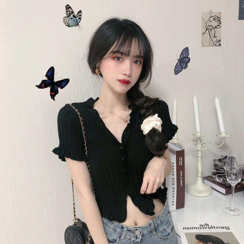 [ Hàng Cao Cấp ] Áo croptop nữ cổ V có cúc viền bèo FUHO Fashion chất len tăm loại 1 phong cách Hàn Quốc 082