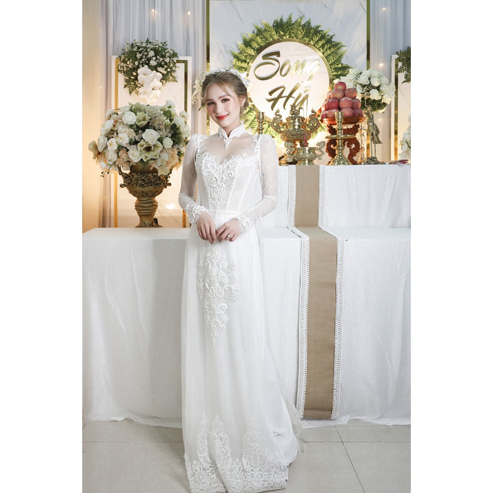 Áo dài cưới_Chaang_May sẵn áo dài cô dâu màu trắng 6 tà, áo ren mi tinh tế ADC86