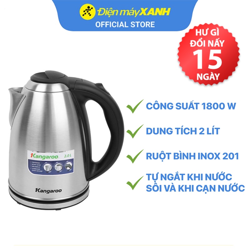 [Mã ELHADEV giảm 4% đơn 300K] Bình đun siêu tốc inox Kangaroo G-20SK3 2 lít - Chính hãng BH 12 tháng