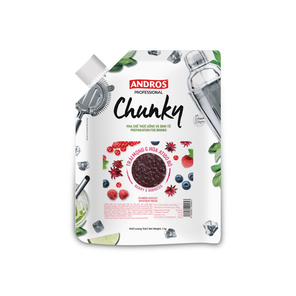 Trái mọng & Hoa Atisô đỏ CHUNKY/ Berry & Hibiscus CHUNKY- Mứt trái cây Andros professional - túi 1kg