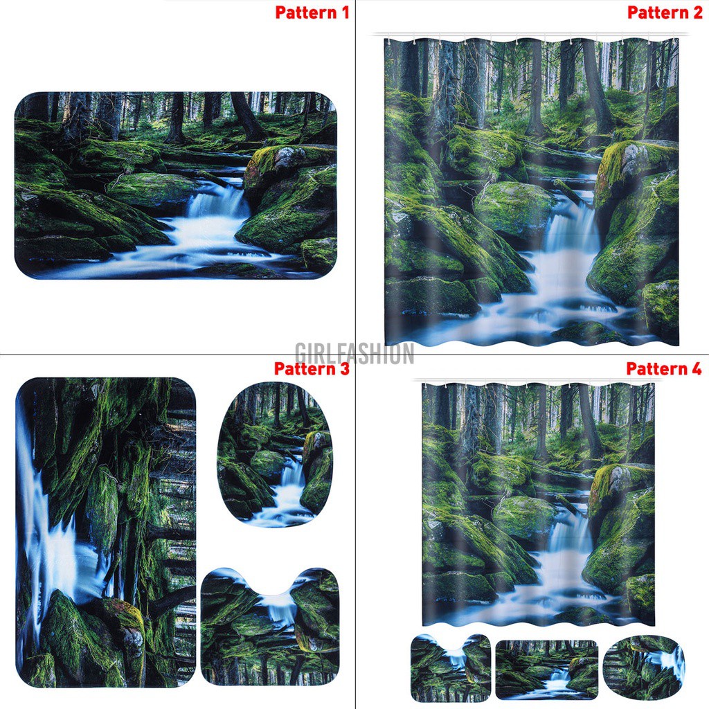 Waterproof Bathroom Shower Curtain Toilet Cover Mat Non-Slip Rug Set 4PCS