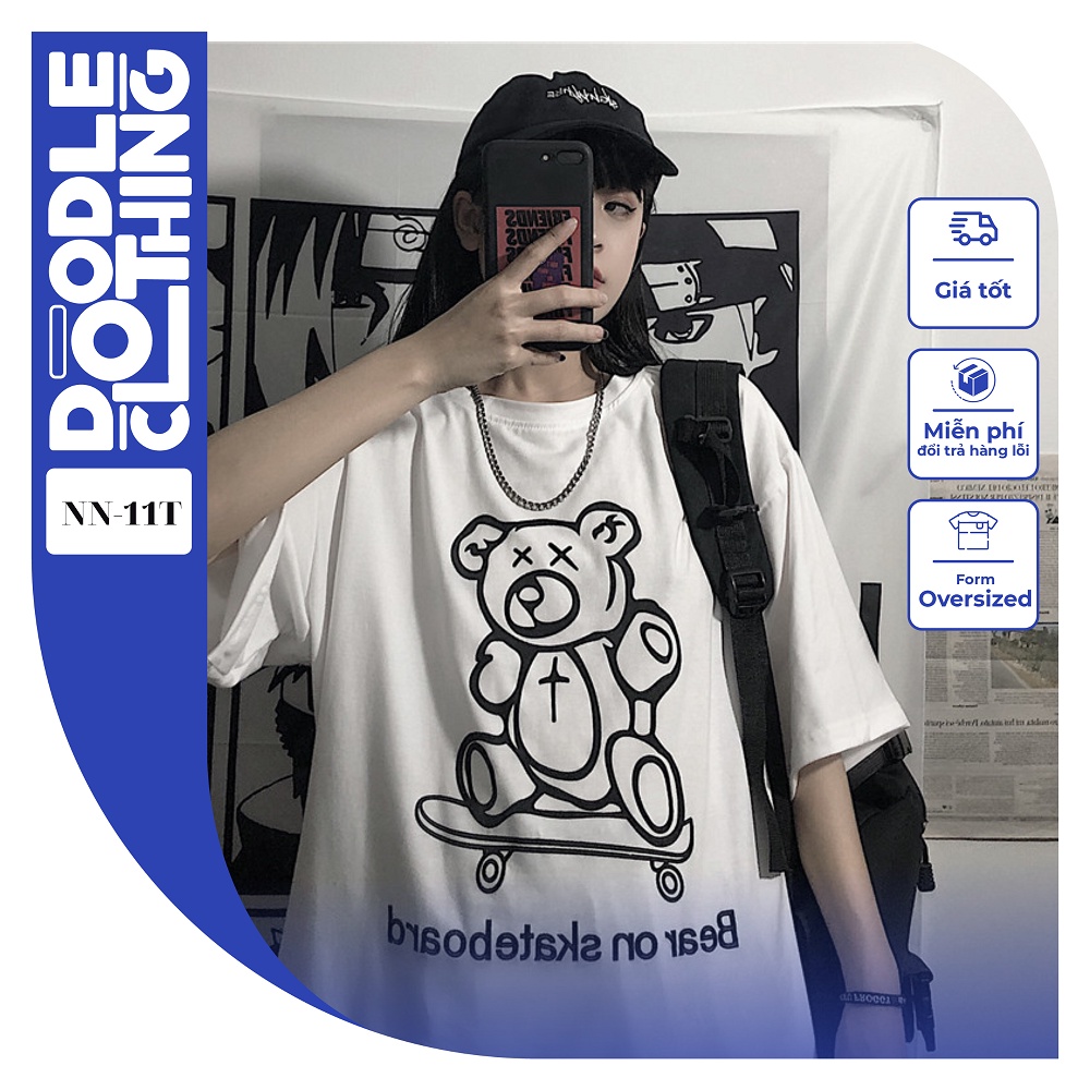 Áo thun nam nữ tay lỡ unisex oversize áo phông form rộng basic tee hình gấu bông lướt ván