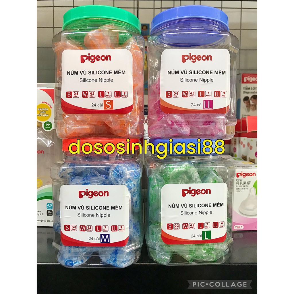 Núm Ti PIGEON Cổ Hẹp Size S, M, L LL sử dụng cho tất cả bình sữa Cổ Hẹp Hộp 24 Cái