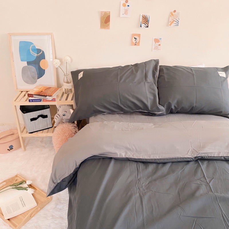 Bộ Chăn Ga Gối Cotton TC Emmidecor cao cấp - Ghi đậm mix nhạt giá tốt