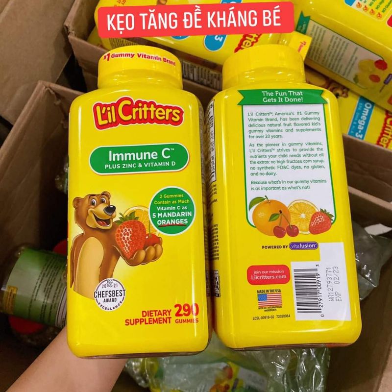 (Date t4/2023) Kẹo dẻo gấu bổ sung Vitamin C, Vitamin D và Kẽm L’il Critters Immune C plus Zn &amp; Vitamin D 290 viên