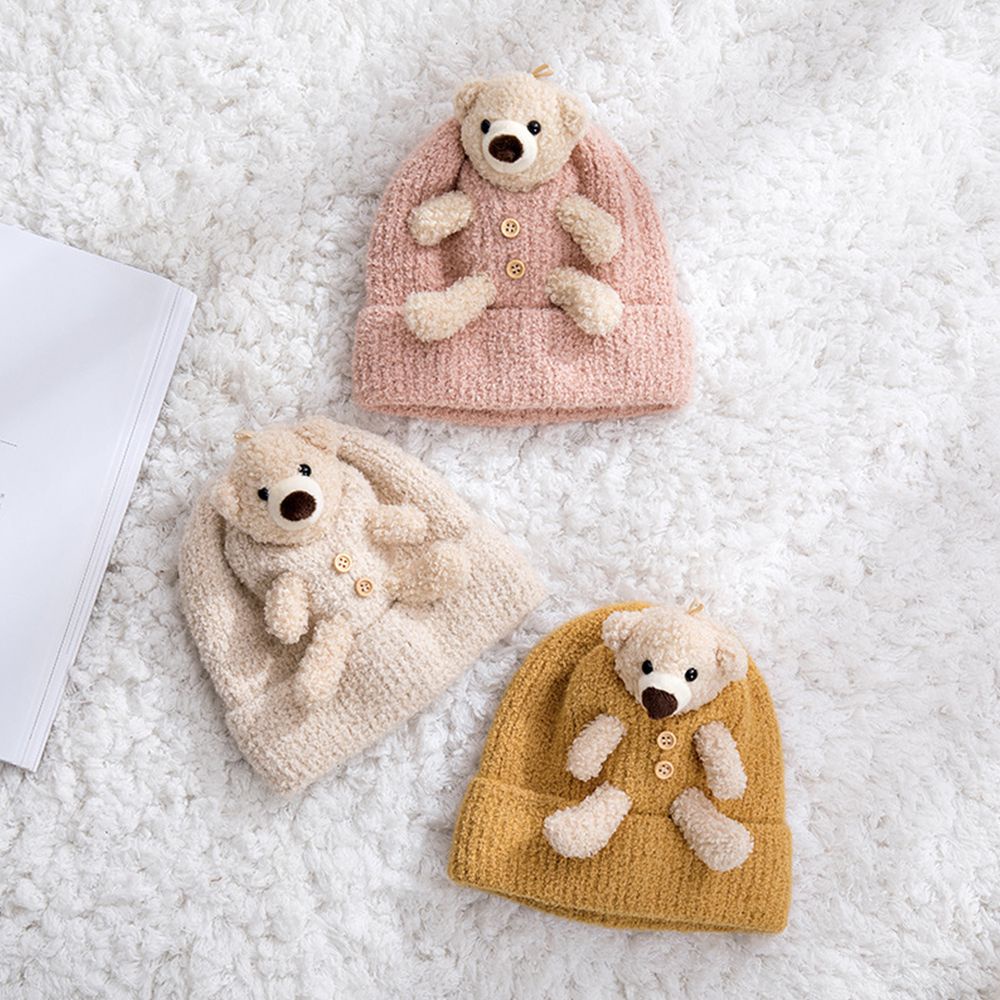 Mũ beanie dệt kim mềm mại ấm áp màu trơn trang trí chú gấu dễ thương thời trang thu đông nhiều màu tùy chọn cho trẻ em