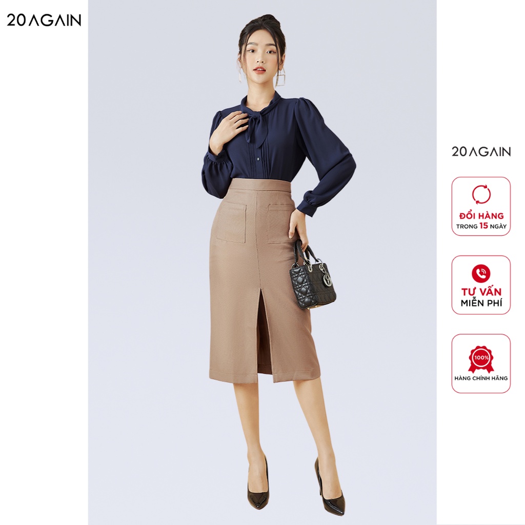 Áo sơ mi nữ dài tay nơ cổ 20AGAIN, tay bồng, gấp ly thân trước ASW0528
