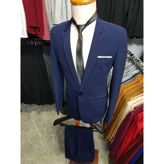 Bộ Vest nam chất liệu vải mềm mịn co giãn nhẹ màu xanh navy + cà vạt nơ