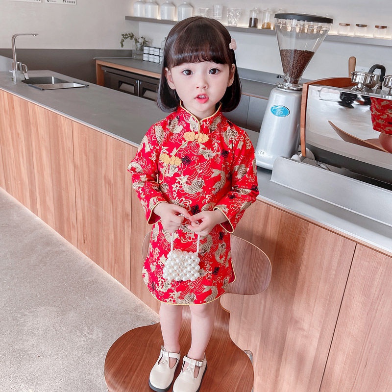 Đầm Sườn Xám Tay Dài Phong Cách Trung Hoa Thời Trang Mùa Thu Cho Bé Gái