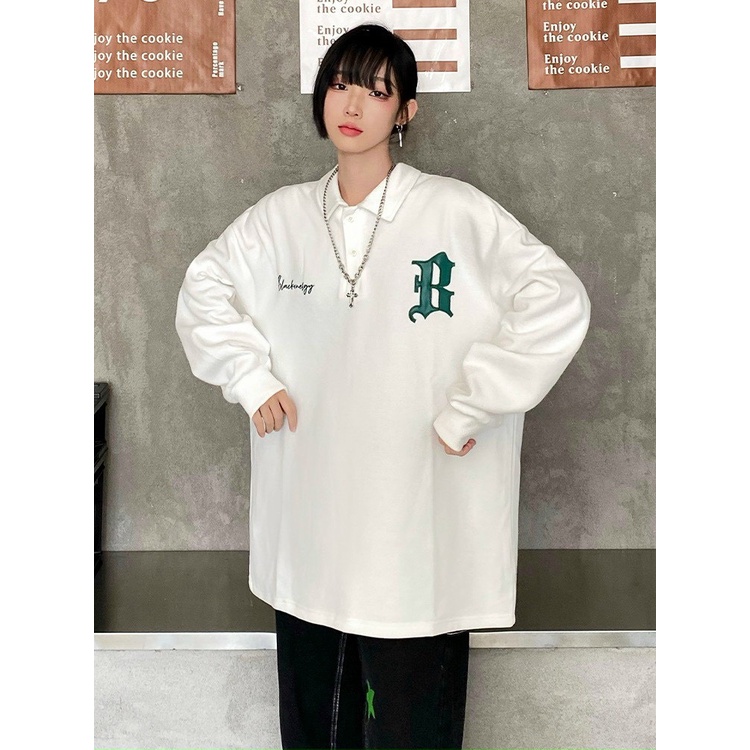 Áo Polo Dài Tay Cổ Bẻ Nam Nữ Unisex Dáng Rộng Oversize Chữ B In Hình Ngục Hình Lưng
