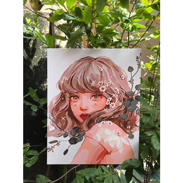 Tranh tô màu số hóa Madoca có khung 40x50cm Cô Gái tóc ngắn và trời đêm T577