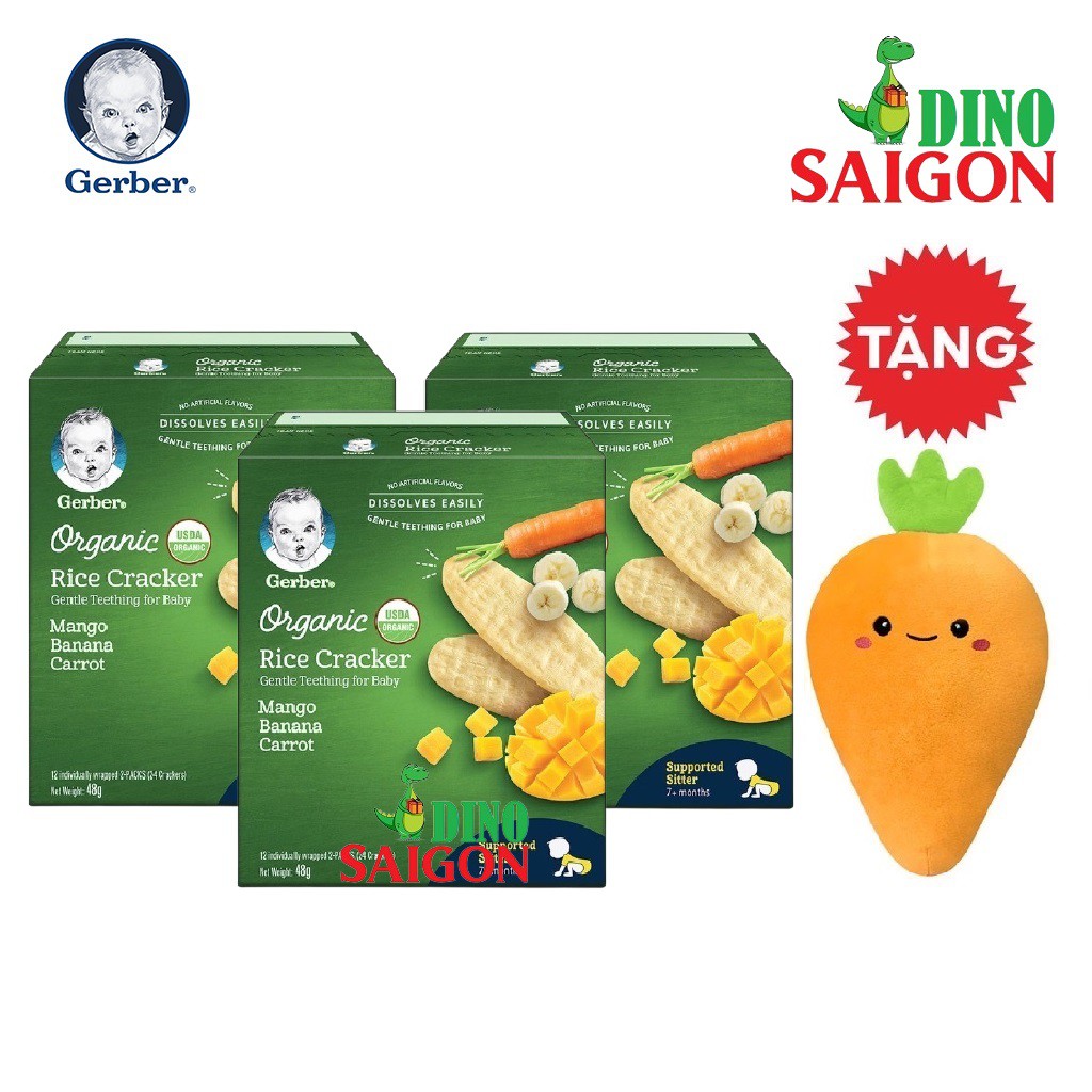 [Tặng 1 Gối Ôm Cà Rốt] Bộ 3 hộp Bánh Gạo Hữu Cơ Gerber Organic Vị Chuối Xoài Cà Rốt