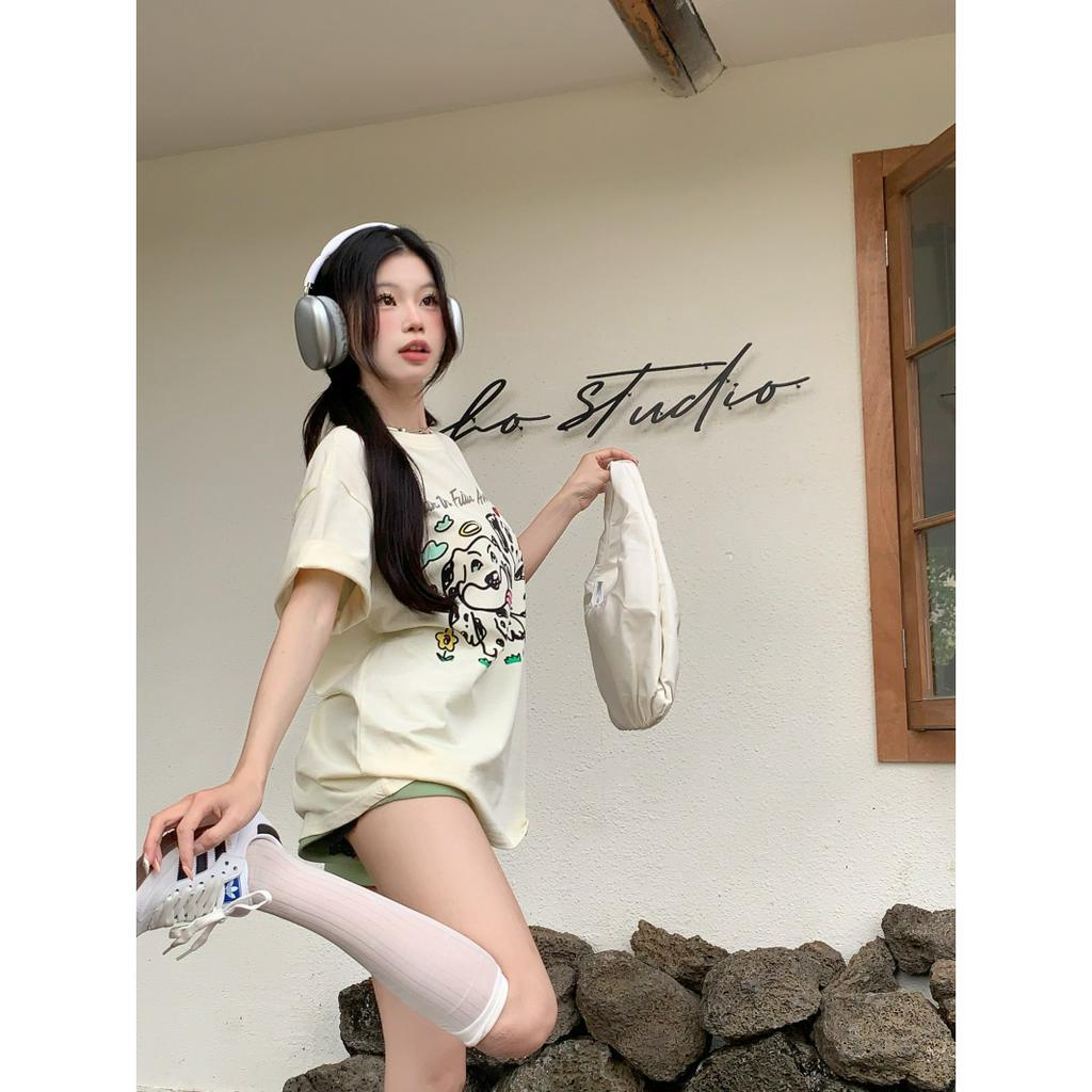 「 WELOVE1 」Áo Thun Nữ Tay Ngắn Cổ Tròn Dáng Rộng In Hình Chú Cún Đốm Dễ Thương Phong Cách Hàn Quốc Mới