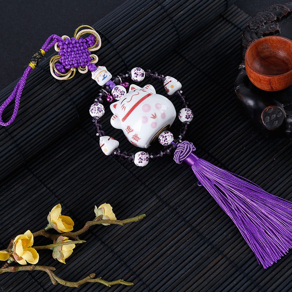 Mặt dây chuyền bằng gốm hình mèo may mắn hoạt hình gắn chuông trang trí xe hơi