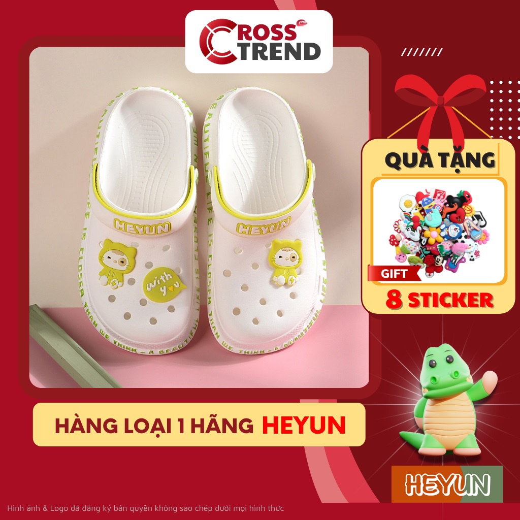 Dép crocs nữ, Sục cross Heyun Trắng nhựa Eva siêu êm chân đế cao 2.5cm quai ngang tặng 8 jibbitz full tem tag túi CROSS