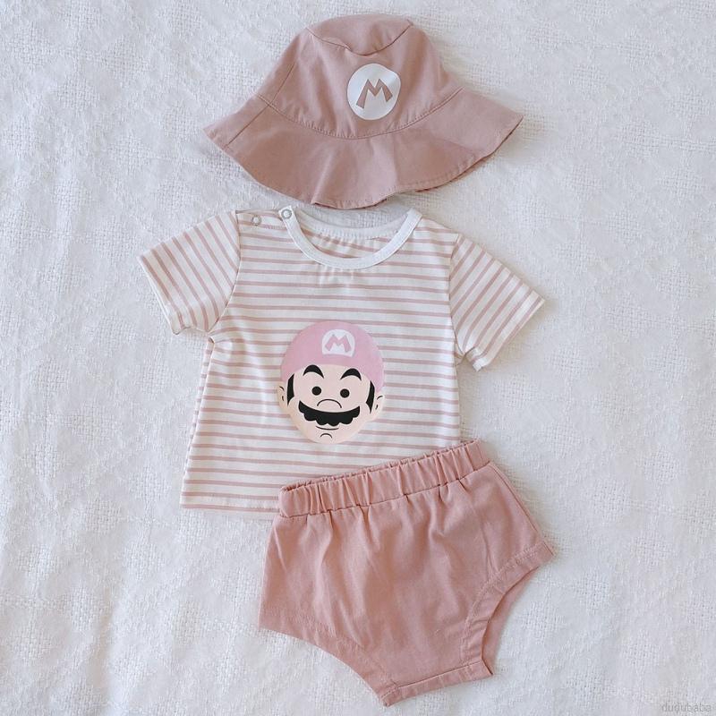 Set Áo Thun Tay Ngắn Và Quần Short Và Mũ Trùm Đầu Họa Tiết Sọc Ngang Cho Bé