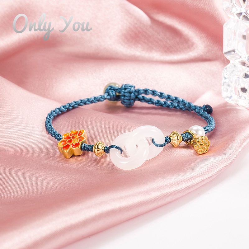 Vòng Đeo Tay Dây Bện 18K Phối Mặt Đá Ngọc Bích Màu Vàng Kim