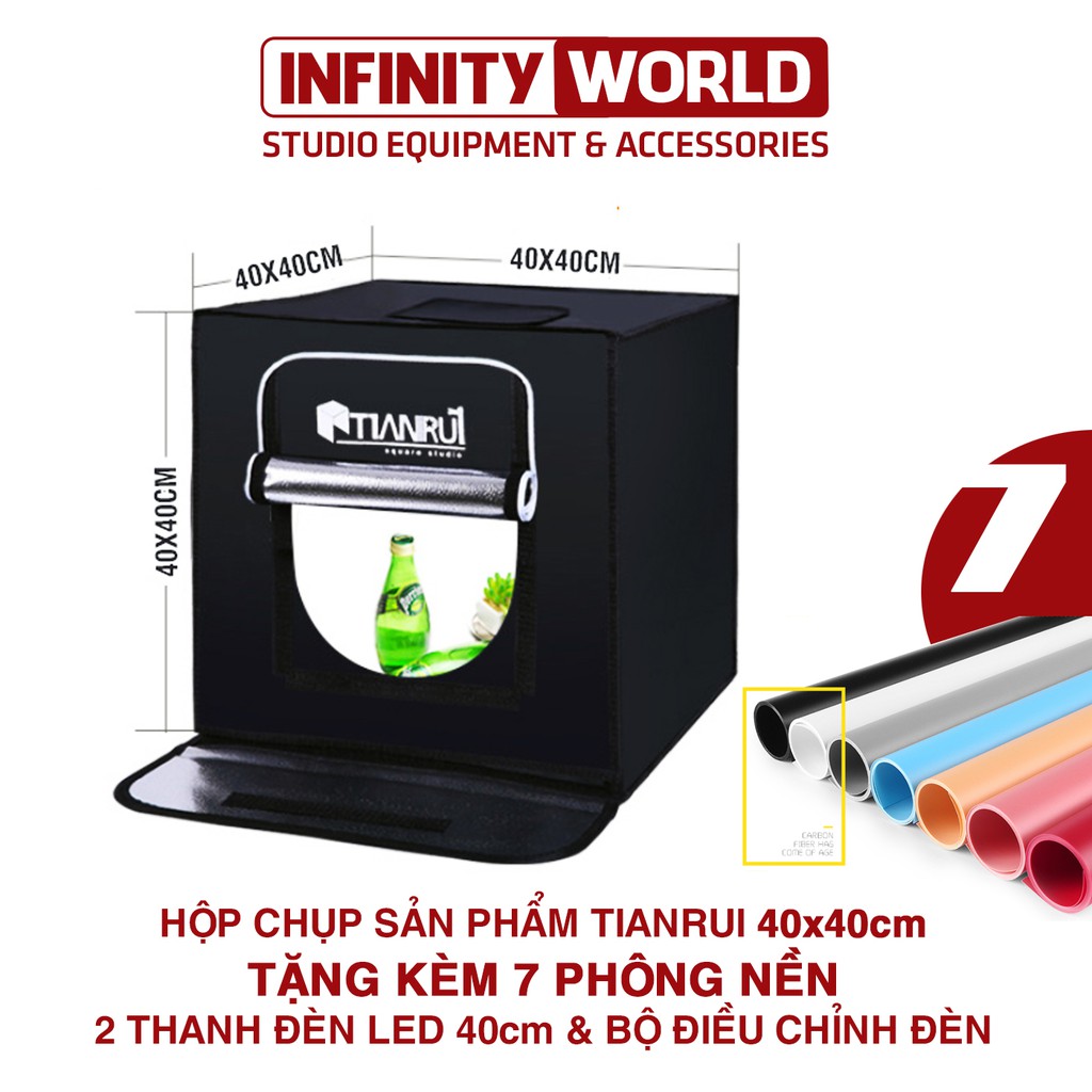 Hộp đèn chụp ảnh sản phẩm chuyên nghiệp TIANRUI 40x40cm (Đã gồm 2 LED Và bộ điều chỉnh độ sáng) (Tặng kèm 7 phông nền)