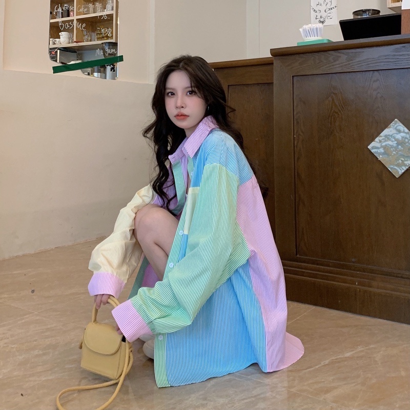 Áo sơ mi ZHELIHANGFEI thiết kế màu tương phản nổi bật thời trang dành cho nữ