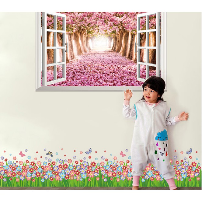 BỘ COMBO DECAL GHÉP ĐÔI dán tường - CỬA SỔ RỪNG HỒNG và CHÂN TƯỜNG HOA LITI ( 2 TẤM )