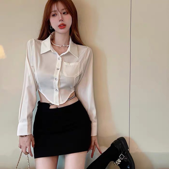 Áo sơ mi croptop dài tay HAGA áo sơ mi vạt nhọn SMVN23