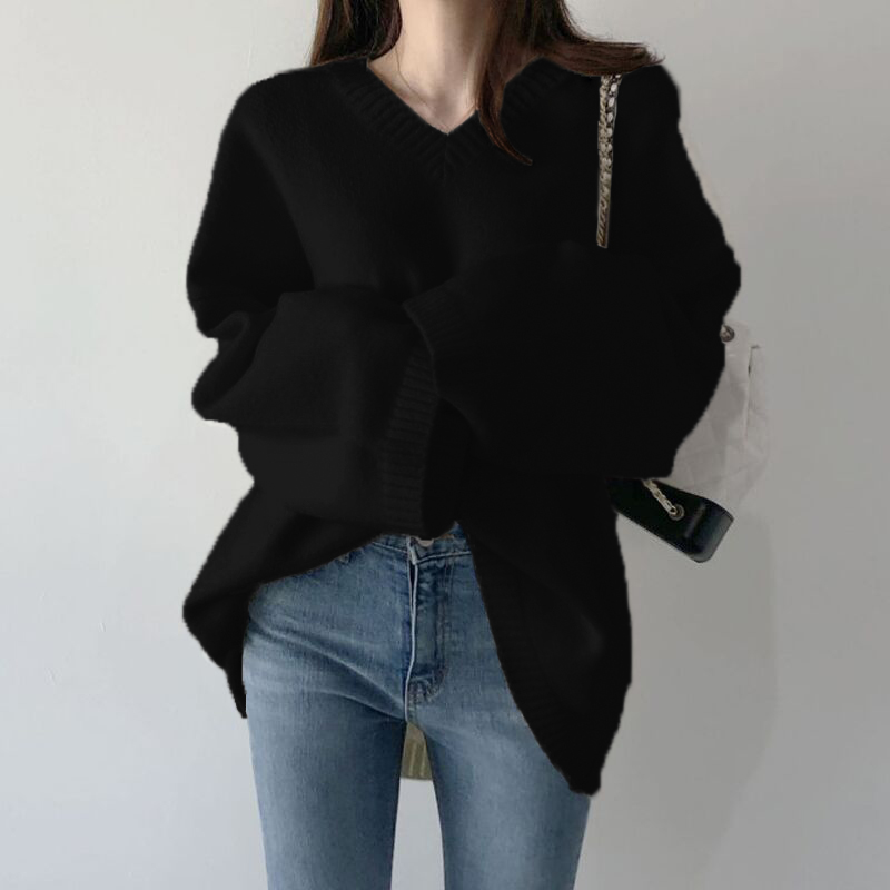 Áo Sweater dáng rộng cổ chữ v màu sắc đơn giản dễ thương cho nữ