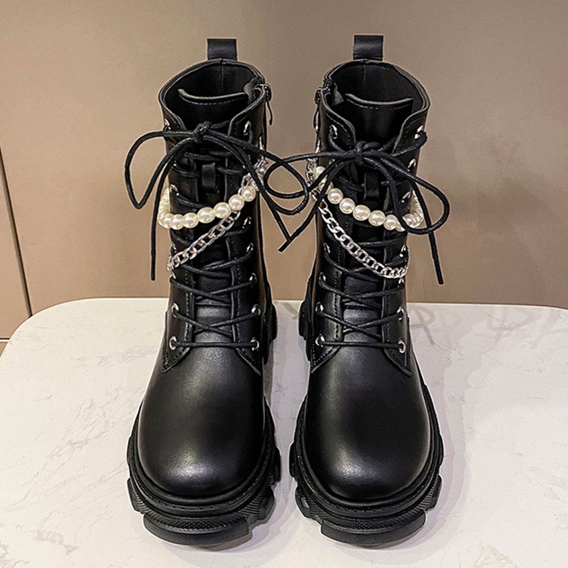 Đôi bốt Martin IELGY đế dày buộc dây dạng chuỗi ngọc trai thời trang cho nữ