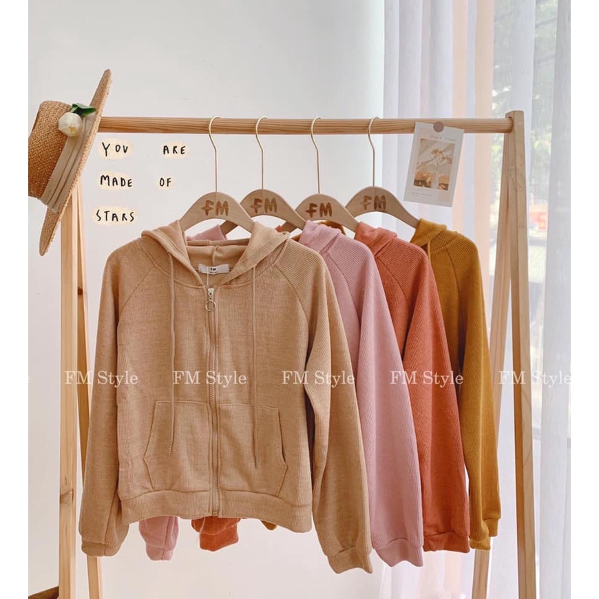 Áo khoác nhung gân nữ FM Style có mũ dáng lửng khoá kéo nhiều màu dễ thương trẻ trung hiện đại 210703206