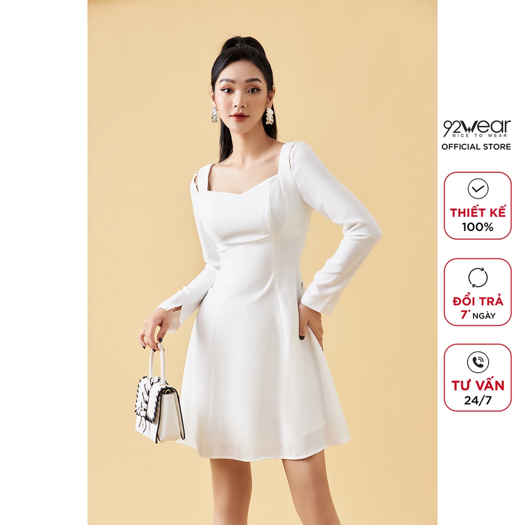 Váy xòe dài tay cổ vuông 92WEAR, thiết kế vai xẻ tinh tế, tôn dáng DEA1806