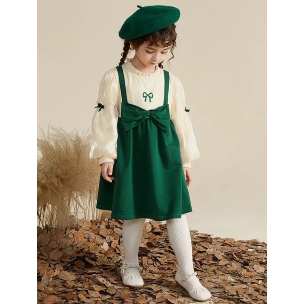 Set Áo Tay Bồng Kèm Váy Nhung Nơ Xinh Bé Gái Chất đẹp