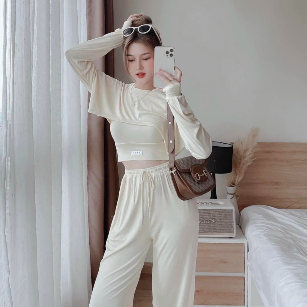 Sét bộ dài thun dài nữ dễ thương xinh xắn áo bra mix áo croptop tay dài phối quần dài bo chun sành điệu