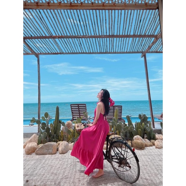 VN696 - VÁY MAXI LỤA CỔ YẾM BUỘC MIX DÂY TÓC