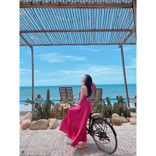VN696 - VÁY MAXI LỤA CỔ YẾM BUỘC MIX DÂY TÓC