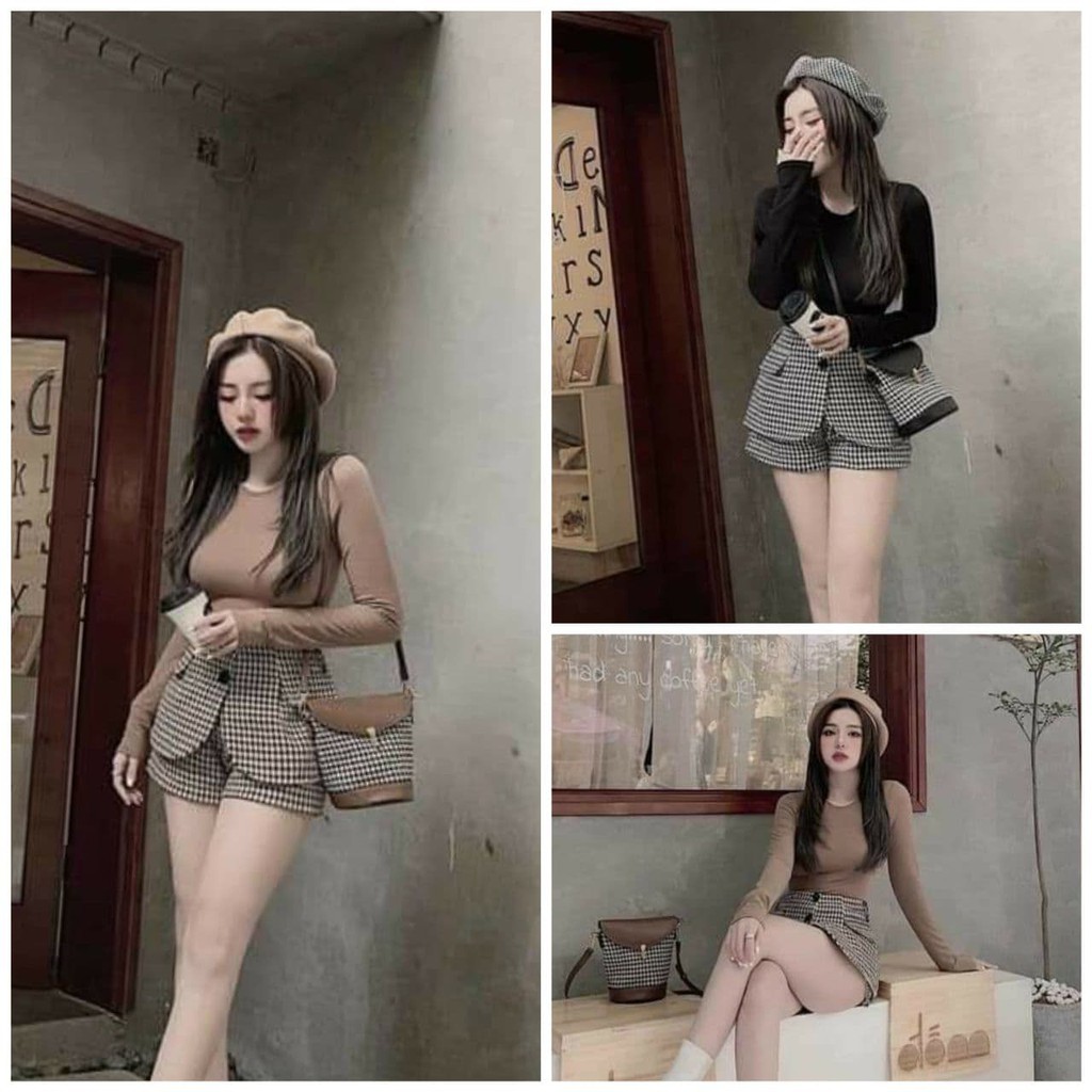 Set bộ áo gân ôm tay dài cổ tròn phối quần caro nhí nhảnh, SET ĐÙI CARO PHỐI