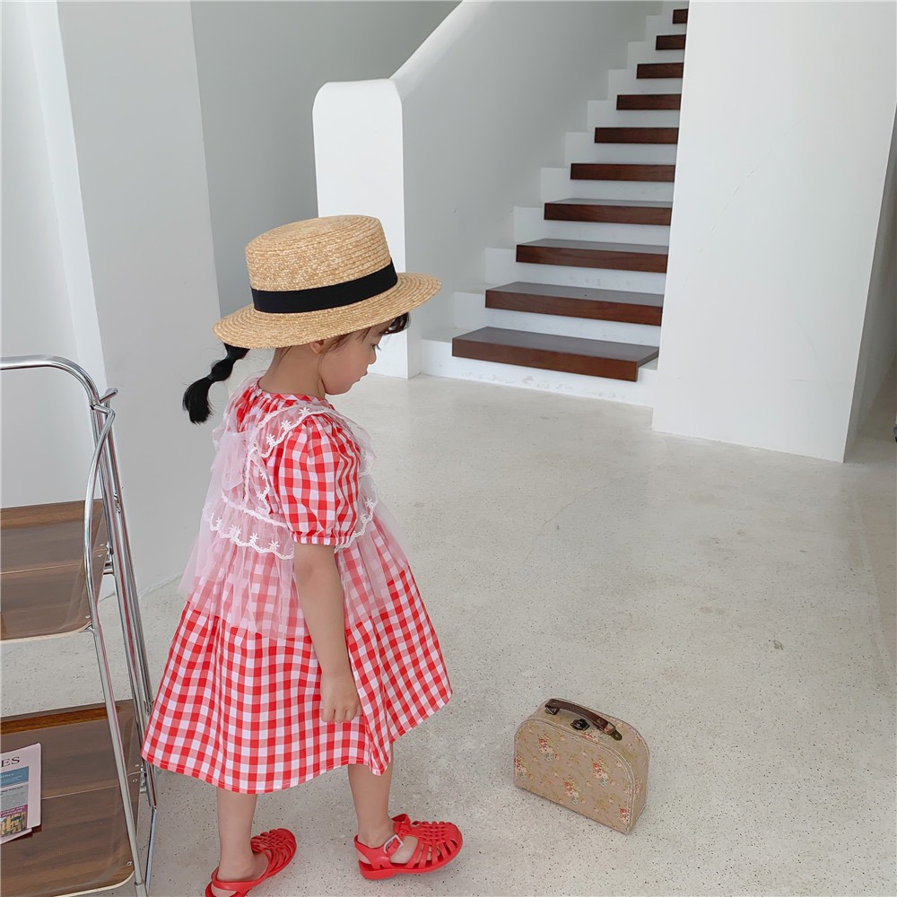 Váy kẻ đỏ kèm voan cho bé gái (Ảnh thật)