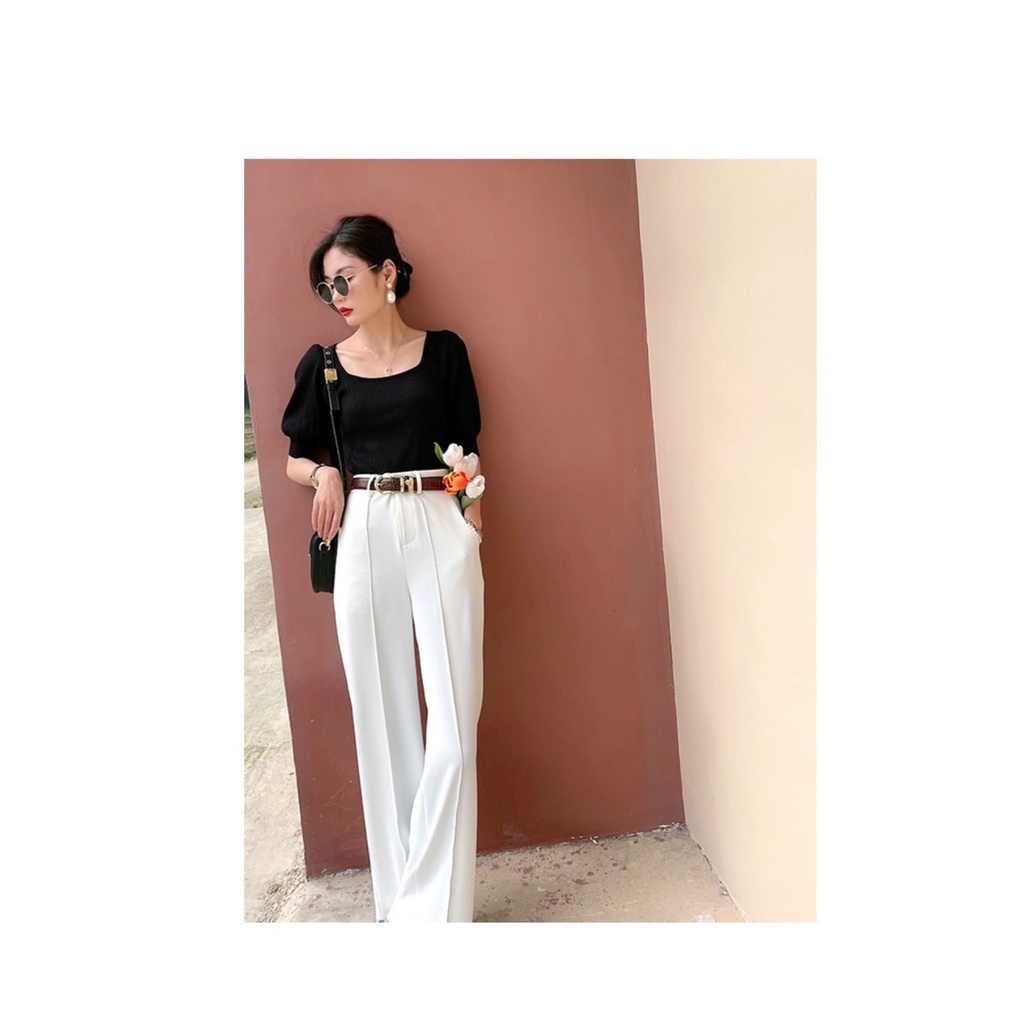 Áo Dệt Kim Mỏng Tay Ngắn Phồng Cổ Vuông Thời Trang Xuân Hè Mới 2021 Cho Nữ