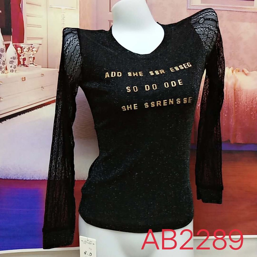 (AB2289) Áo thun nữ dài tay phối lưới họa tiết chữ vải phun kim sa lạ mắt siêu xinh