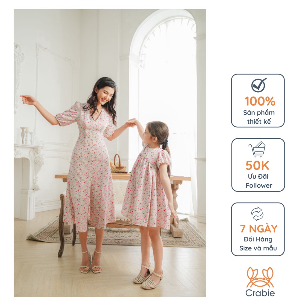 Váy thiết kế cho bé gái CRABIE babydoll hoa nhí tay bồng tiểu thư - Leah dress - Hoa nhí hồng đỏ