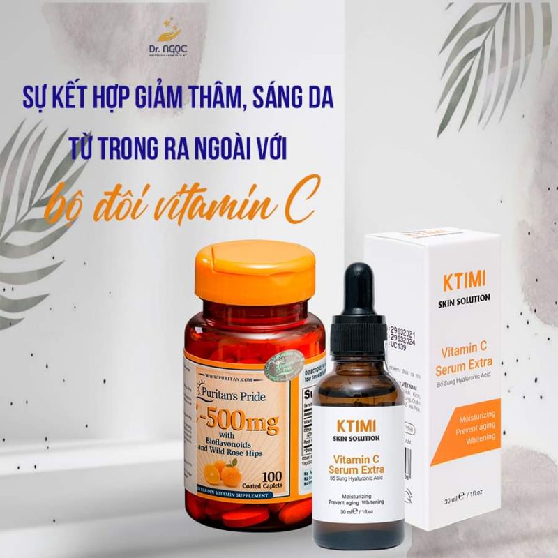 Combo bộ đôi kết hợp giữa serum VTM C KTIMi và viên uống VTM C PURITAN'S Pride giúp giảm thâm sáng da từ trong ra ngoài.