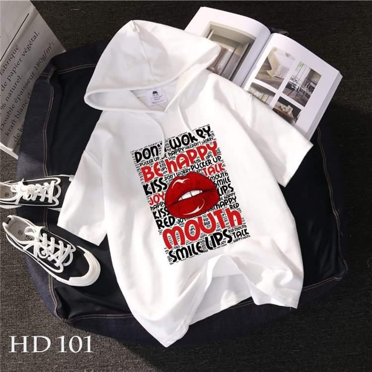 Áo thun HOODIE UNISEX TAY LỠ CÓ NÓN hình môi đỏ