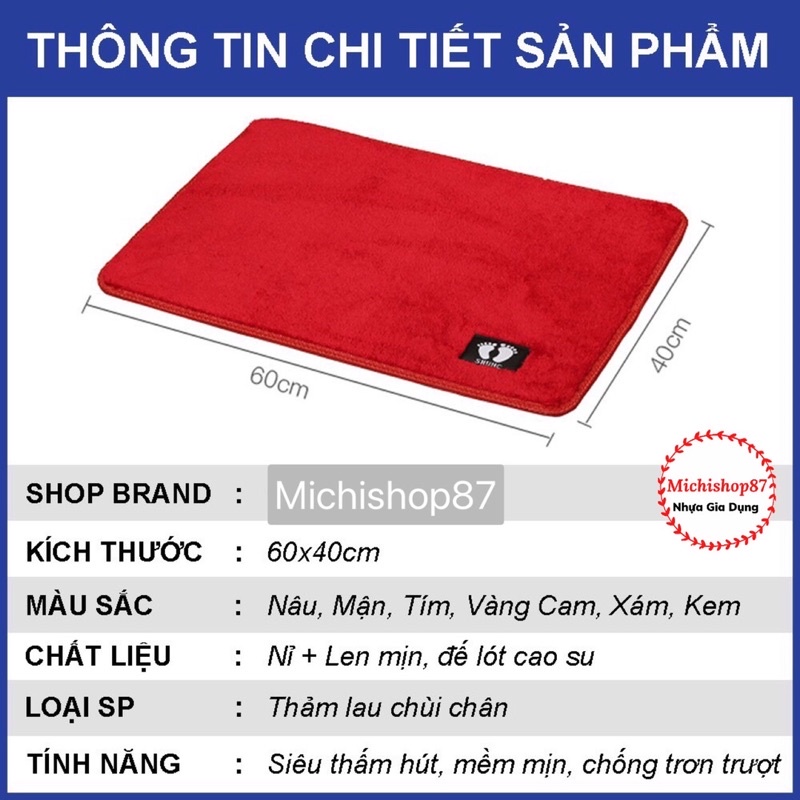 Thảm Lau Chân, Thảm Chùi Chân Nhà Tắm Phòng Bếp Siêu Thấm Hút Đế Chống Trơn Trượt Kích Cỡ 40x60cm