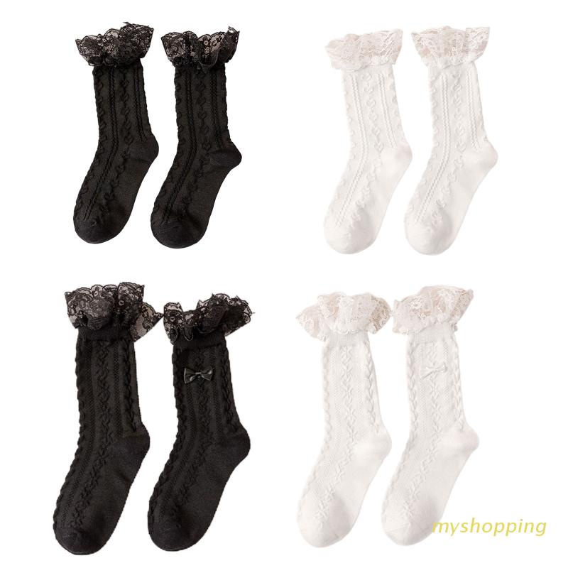 Vớ dệt kim phối bèo nhún trang trí bóng lông mềm mại phủ mắt cá nhân phong cách lolita Nhật Bản dành cho nữ