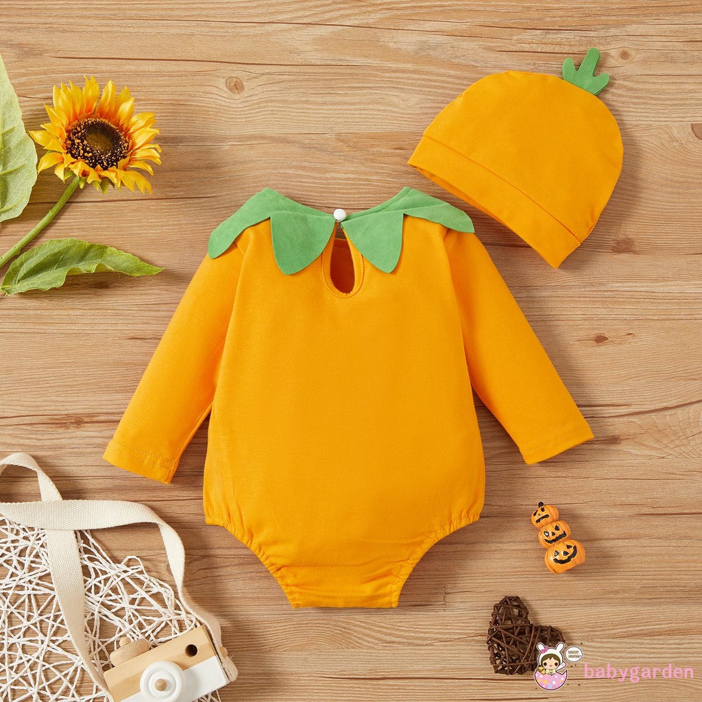 Bộ Áo Liền Quần Tay Dài Cổ Tròn + Mũ In Họa Tiết Halloween Cho Bé