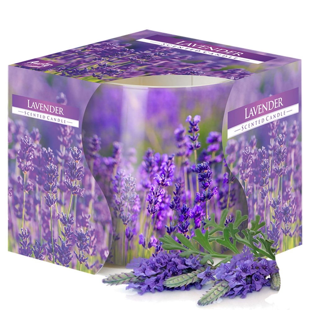 Ly nến thơm tinh dầu Bispol Lavender 100g QT024788 - cánh đồng oải hương, nến xông phòng, trang trí, không khói