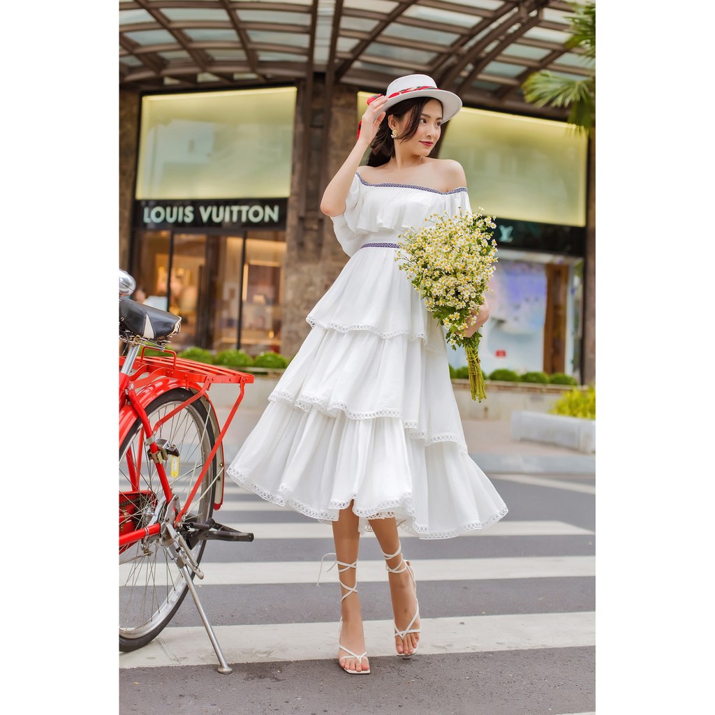 [Mã SKAMSALEP6 giảm 10% tối đa 100K đơn 150K] SÒ VINTAGE - BANNY Đầm xô bẹt vai ba tầng