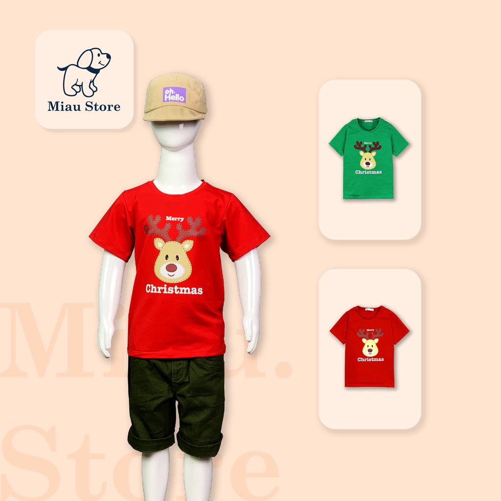 Áo Phông Cho Bé In Hình Chú Tuần Lộc Dễ Thương cho bé chơi Noel, Thun Cotton Dày Mịn Thoáng Mát Cho Bé Đến 55Kg